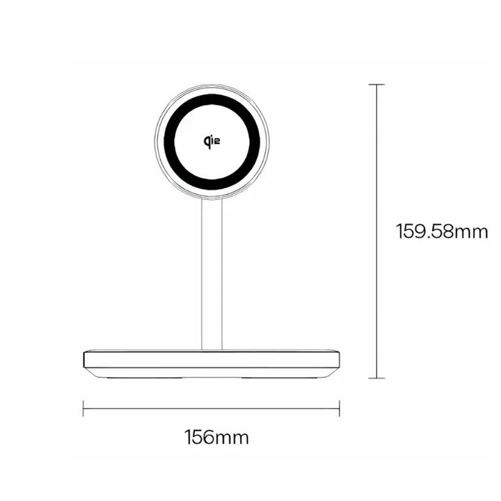 Dimensões do carregador Baseus EnerFill: 156mm de largura por 159.58mm de altura com certificação Qi2