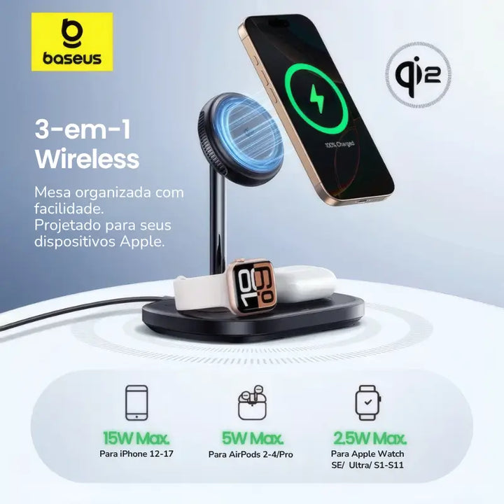 Carregador Baseus EnerFill 3 em 1 Qi2 para iPhone, AirPods e Apple Watch, compatível com MagSafe