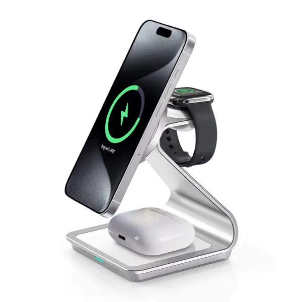 Carregador por Indução 3 em 1 Branco 15W Bonola com iPhone, Apple Watch e AirPods em carregamento simultâneo