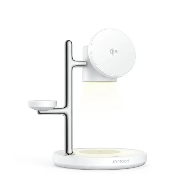 Carregador por Indução 3 em 1 Qi2 Joyroom branco com luminária integrada e estrutura metálica para múltiplos dispositivos