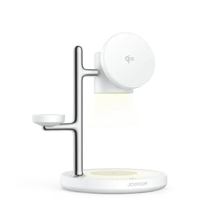 Carregador por Indução 3 em 1 Qi2 Joyroom branco com luminária integrada e estrutura metálica para múltiplos dispositivos