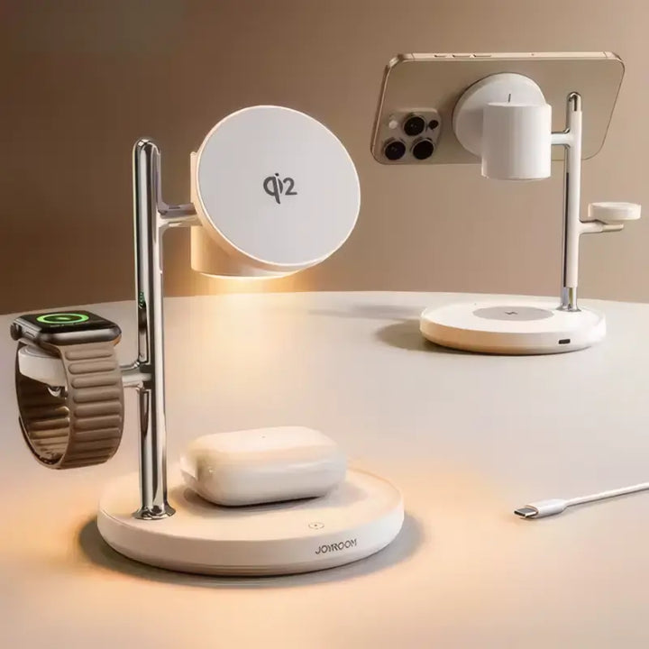 Carregador 3 em 1 Joyroom Qi2 carregando iPhone com MagSafe, Apple Watch e AirPods com iluminação ambiente