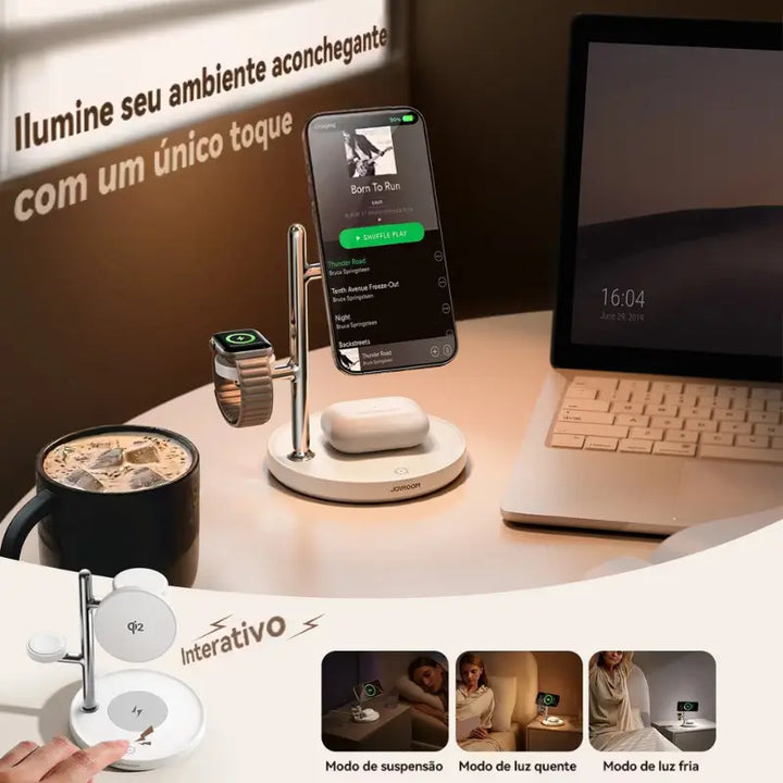 Luminária de Mesa Joyroom com carregador Qi2 3 em 1 com modos de luz ajustáveis: suspensão, quente e fria