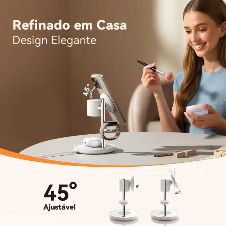 Carregador Joyroom Qi2 com design elegante e suporte ajustável em 45 graus para melhor visualização do celular