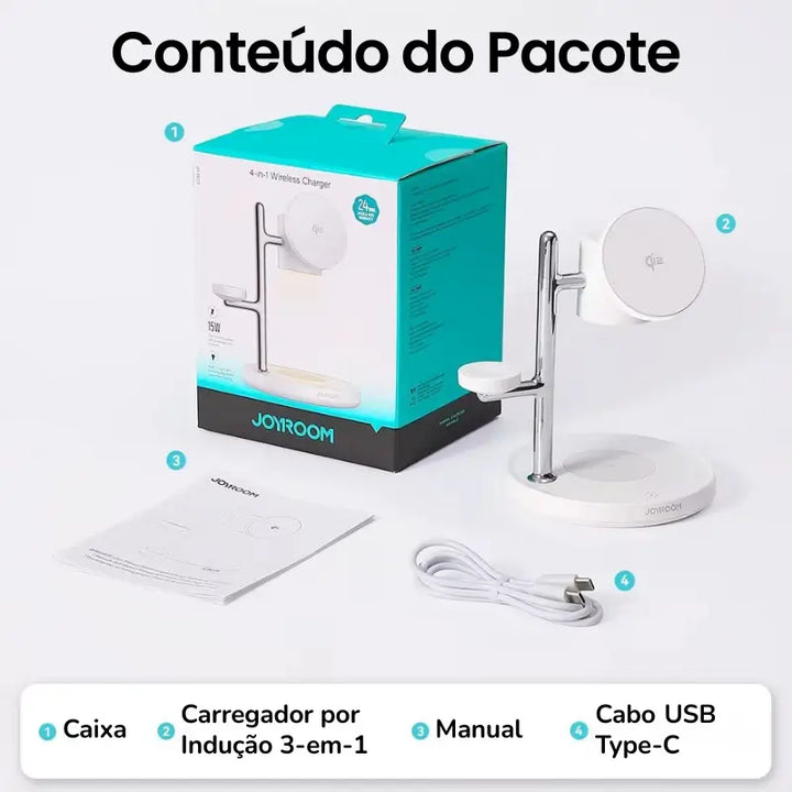 Conteúdo do pacote Carregador por Indução 3 em 1 Qi2 Joyroom: base, carregador, manual e cabo USB Type-C
