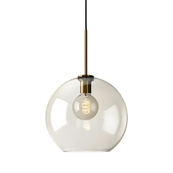 Luminária Pendente Vidro Ambaris Magna acesa mostrando globo transparente e acabamento dourado