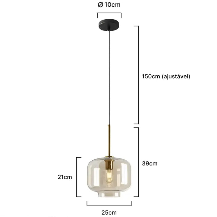 Luminária Pendente Vidro Ambaris Prisma com dimensões 25x39cm, cabo 150cm e base 10cm
