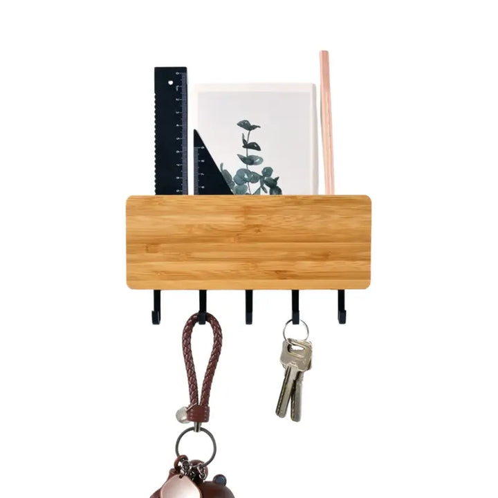 Porta chaves de parede em bambu Orto preto, com compartimento para correspondência e pequenos objetos, e 5 ganchos para chaves