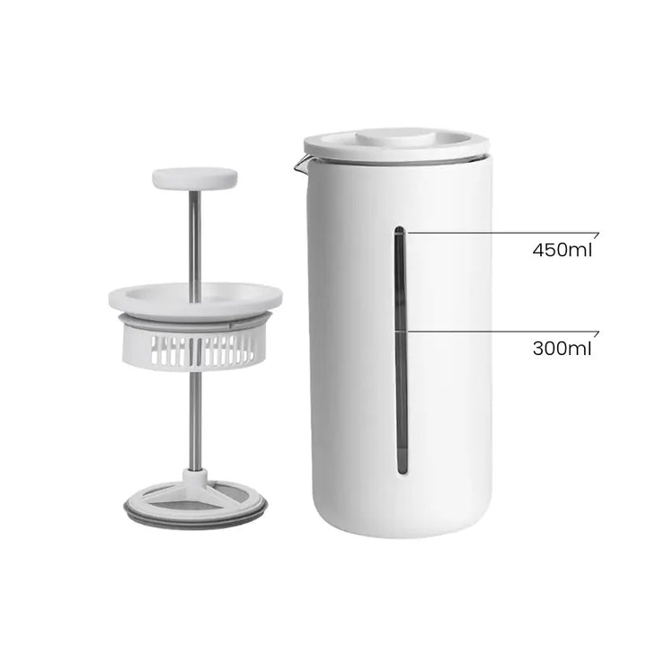 Prensa Francesa Timemore U Branco desmontada mostrando êmbolo, filtro e capacidade de 300ml e 450ml.