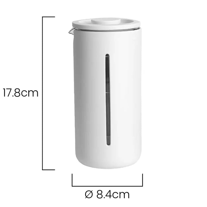Dimensões da Prensa Francesa 450ml Timemore U Branco: 17,8cm de altura e 8,4cm de diâmetro.