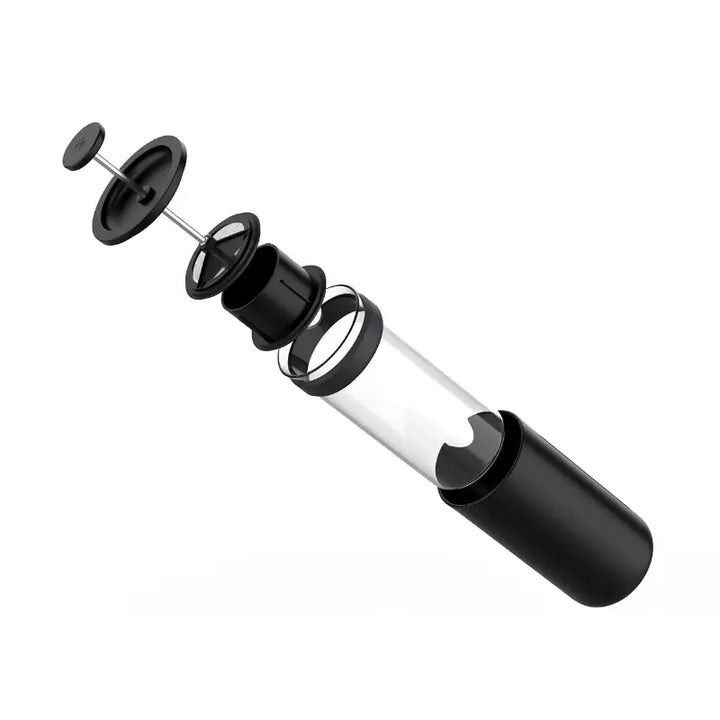 Componentes da Prensa Francesa 450 ml Timemore U preta em vista explodida mostrando montagem.