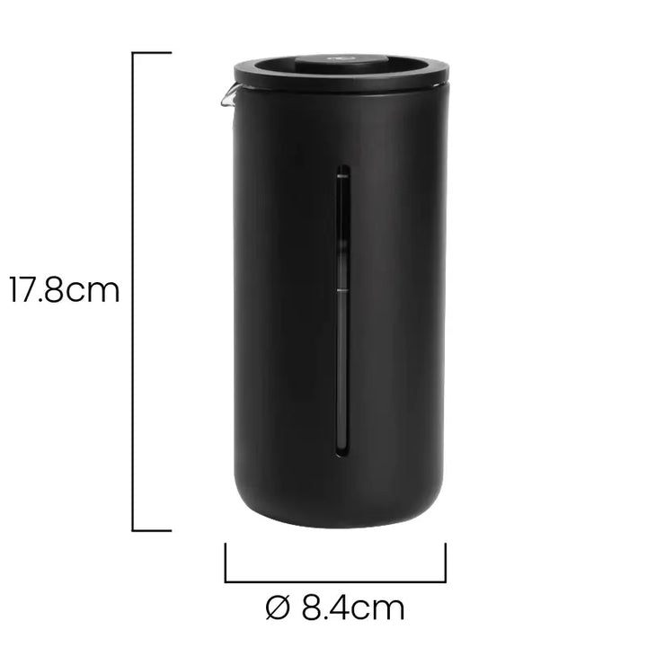 Dimensões da Prensa Francesa 450 ml Timemore U Preto indicando 17.8cm de altura e 8.4cm de diâmetro.
